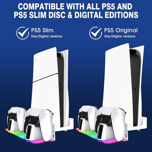 WAYCOM PS5 Wall Mount Kit with Charging Station RGB LED Light for New PS5 Pro and PS5 Slim Consoles Disc & Digital, Fast Dual Controller Chargers, Steel Wall Stand, and Headphone Hanger in Saudi Arabia