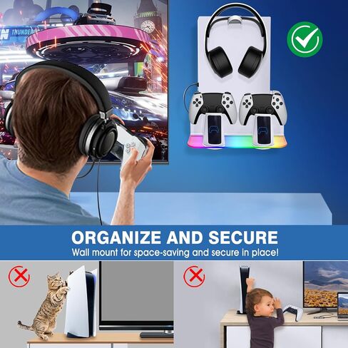WAYCOM PS5 Wall Mount Kit with Charging Station RGB LED Light for New PS5 Pro and PS5 Slim Consoles Disc & Digital, Fast Dual Controller Chargers, Steel Wall Stand, and Headphone Hanger in Saudi Arabia