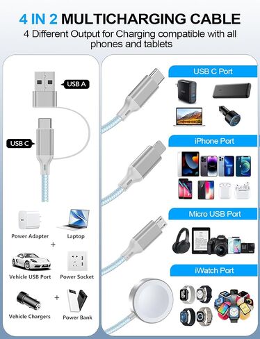 4-in-2 Multi Parallel Cables for Apple Watch Charger/iPhone/Samsung Charger | Travel Essentials Type C/Lightning/iWatch/Micro Charging Cable for iWatch Ultra/10-2/iPhone/Galaxy/Airpods[1.2M]-Blue in Kuwait