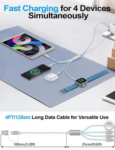 4-in-2 Multi Parallel Cables for Apple Watch Charger/iPhone/Samsung Charger | Travel Essentials Type C/Lightning/iWatch/Micro Charging Cable for iWatch Ultra/10-2/iPhone/Galaxy/Airpods[1.2M]-Blue in Kuwait