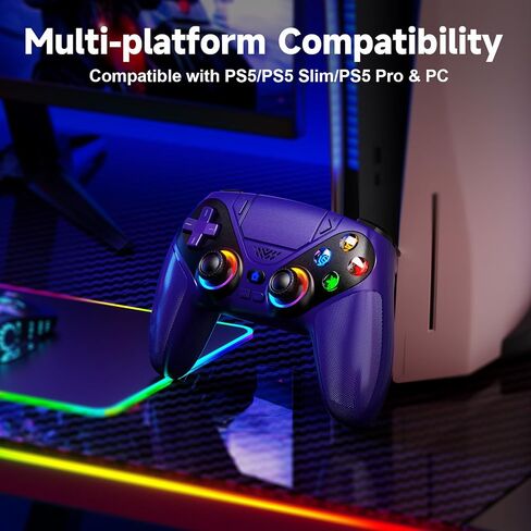 LENISUOLE Wireless Controller for PS5/PlayStation 5 & PC - Purple, Bluetooth Gamepad with Turbo, 6-Axis Motion Sensor, Programmable Buttons, RGB Lighting, 3.5mm Audio Jack, 1000mAh Battery in Saudi Arabia