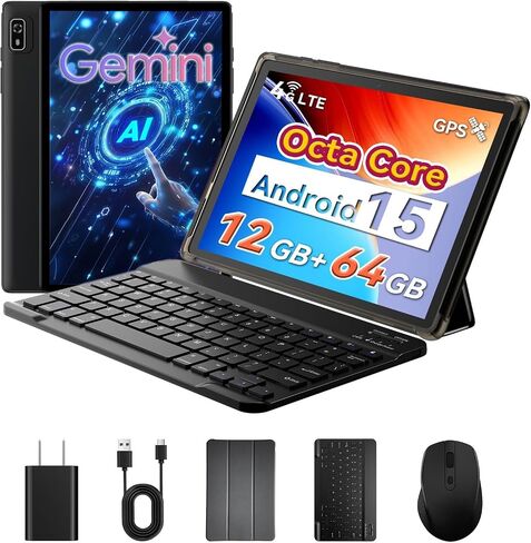 10 inch 2-in-1 Android 15 Tablet with Keyboard, Mouse, and Case, 4G LTE Cellular, 12GB RAM + 64GB ROM (2TB Expandable), MediaTek Octa-Core 2.0GHz, Gemini AI, IPS Display, 5G Wi-Fi, GPS, Bluetooth in Saudi Arabia