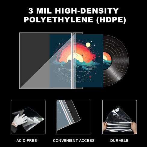 12" Vinyl Record Outer Sleeves, 3 Mil Polyethylene, 100 Pack | Adhesive flap closure, acid-free & archival-safe, fits gatefold LPs, for storage & display in Saudi Arabia