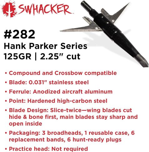 Swhacker #282 Hank Parker Series Mechanical Broadheads, 125 Grain, 2.25" Cut, 2-Blade Expandable Broadhead, Archery Hunting Broadheads, 3 Pack in Saudi Arabia