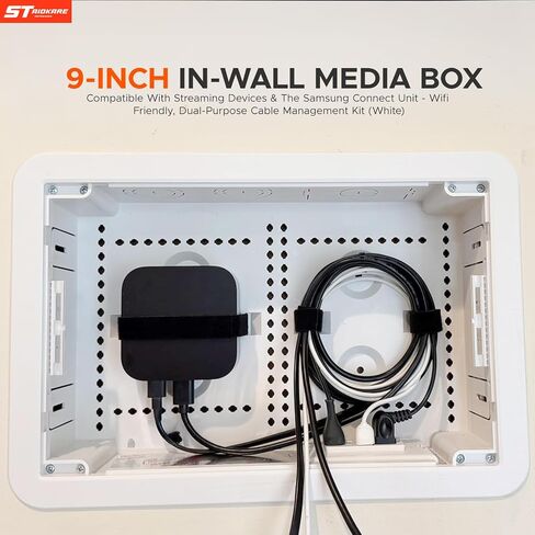 9" Recessed in-Wall Media Box with Outlet - Cable Management Enclosure for TV, WiFi Router & Network Devices - Flush Mount Wall Box for Samsung One Connect, Streaming Players (White) in Saudi Arabia