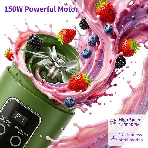 Portable Personal Blender with 12 Blades, Rechargeable Matcha Green 16oz | BPA-Free & Food-Grade Materials, Self-Cleaning Function, Smart Timer Display, USB-C Charging, Ideal for Smoothies & Shakes in Saudi Arabia