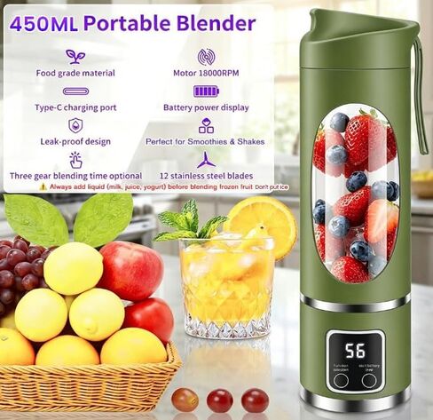 Portable Personal Blender with 12 Blades, Rechargeable Matcha Green 16oz | BPA-Free & Food-Grade Materials, Self-Cleaning Function, Smart Timer Display, USB-C Charging, Ideal for Smoothies & Shakes in Saudi Arabia