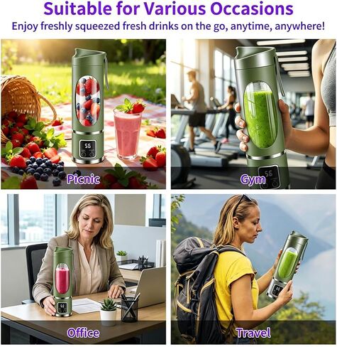 Portable Personal Blender with 12 Blades, Rechargeable Matcha Green 16oz | BPA-Free & Food-Grade Materials, Self-Cleaning Function, Smart Timer Display, USB-C Charging, Ideal for Smoothies & Shakes in Saudi Arabia