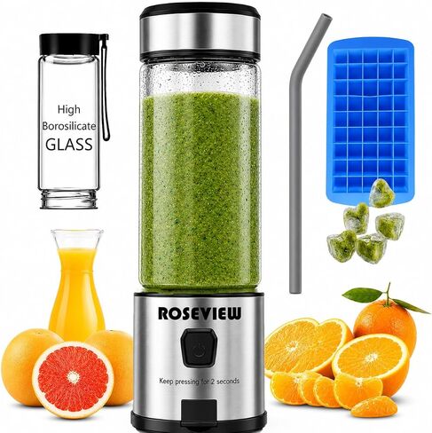 Portable Smoothie blender ROSEVIEW Glass bottle USB rechargeable mini Handheld Ice Shakes Cup 2 blend juicer Cordless Personal smoothies maker Fruit mixer in Kuwait