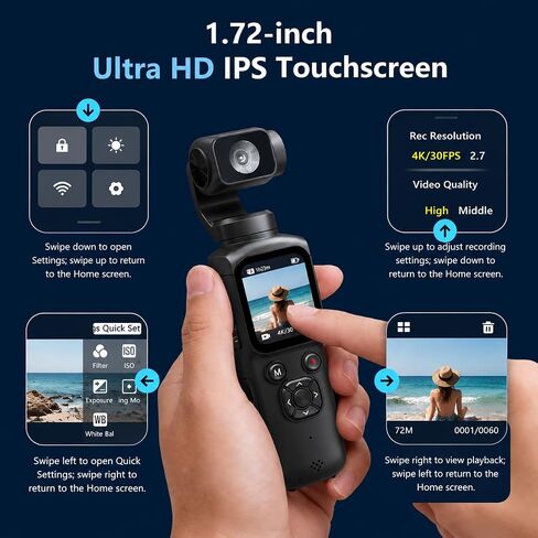 4K Vlogging Camera,75MP Pocket Digital Camera with 330° Rotating Lens | YouTube Camera WiFi,1.72" Touch Screen,Face Tracking,16GB TF Card & Tripod,Handheld Camera for Daily Recording in Saudi Arabia