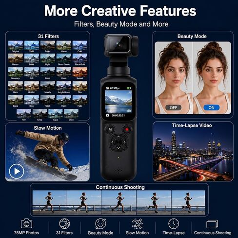 4K Vlogging Camera,75MP Pocket Digital Camera with 330° Rotating Lens | YouTube Camera WiFi,1.72" Touch Screen,Face Tracking,16GB TF Card & Tripod,Handheld Camera for Daily Recording in Saudi Arabia