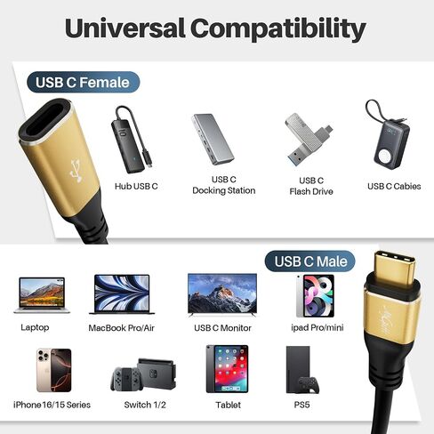كابل تمديد USB C بطول 25 قدمًا، سلك موسع USB 2.0 من النوع C ذكر إلى أنثى طويل للغاية، مزامنة البيانات والشحن، متوافق مع سلسلة iPhone 17/16/15، وSamsung Galax S25 S24، والكمبيوتر اللوحي، والمحول، وسماعات الرأس in Kuwait