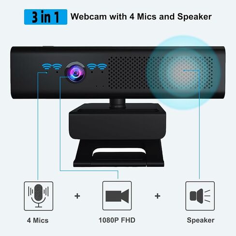 Full 1080P HD 3-in-1 Webcam: Camera and Speaker for Desktop Computer with Built-in 4 Microphones, External USB Web Cam with Magnetic Privacy Cover and Mute for Laptop, Streaming, Conference in Saudi Arabia