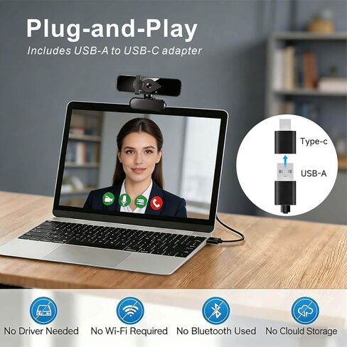 4K Webcam with USB C Adapter Privacy Cover Microphone for PC Mac Laptop | 4K UHD for Zoom/Teams. Privacy shutter, 1-sec close. Noise-canceling mic. USB-C/USB-A plug & play. Works with PC/Mac/ apps. in Saudi Arabia