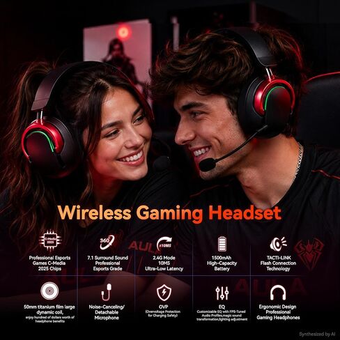 Wireless Gaming Headset with Mic Over Ear Headphones for PC,Xbox,PS5,Switch | 7.1 Surround Sound,50mm Drivers,Aluminum Frame,Noise Cancelling,RGB,Soft Ear Pads,Multi Platform Headset for Laptop Phone Mac in Saudi Arabia