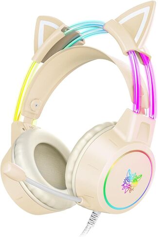 Lightweight Gaming Headset, RGB Lighting, Wired Over Ear Headphones with Mic for PC Laptop PS4 PS5 Switch, Stereo Surround Sound, Self-Adjusting Headband, Pink Cat Ear in Saudi Arabia