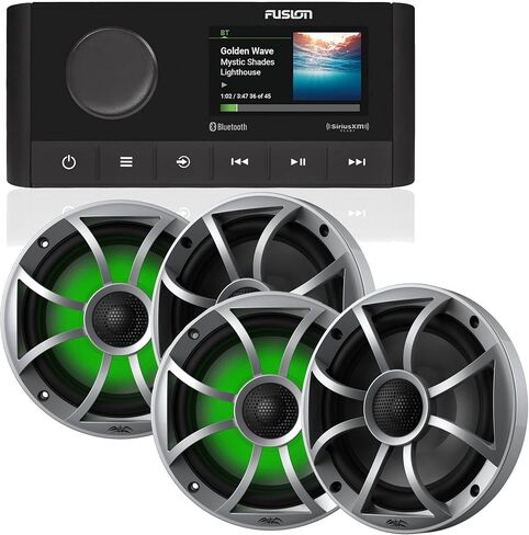 فيوجن MS-RA210 Marine AM/FM/BT/NEMA2000/Sirius XM جاهز ستيريو مع زوجين من الأصوات الرطبة Recon 6-S RGB عالية الإخراج 6.5 بوصة RGB إضاءة مكبرات صوت بحرية محورية، شواية فضية in Kuwait