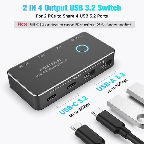 RSHTECH USB 3.2/USB C Switch 10Gbps 2 Computers Share 4 Devices, RSH-A201C | USB Switcher Selector with USB 3.2 Ports(2 USB-A+2 USB-C), 2 Cables and Controller for PC Laptop, No Video Output or Charging in Saudi Arabia