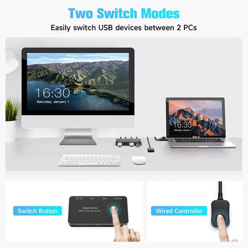 RSHTECH USB 3.2/USB C Switch 10Gbps 2 Computers Share 4 Devices, RSH-A201C | USB Switcher Selector with USB 3.2 Ports(2 USB-A+2 USB-C), 2 Cables and Controller for PC Laptop, No Video Output or Charging in Saudi Arabia