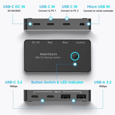 RSHTECH USB 3.2/USB C Switch 10Gbps 2 Computers Share 4 Devices, RSH-A201C | USB Switcher Selector with USB 3.2 Ports(2 USB-A+2 USB-C), 2 Cables and Controller for PC Laptop, No Video Output or Charging in Saudi Arabia