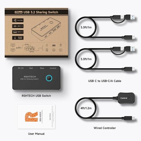 RSHTECH USB 3.2/USB C Switch 10Gbps 2 Computers Share 4 Devices, RSH-A201C | USB Switcher Selector with USB 3.2 Ports(2 USB-A+2 USB-C), 2 Cables and Controller for PC Laptop, No Video Output or Charging in Saudi Arabia