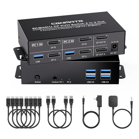 8K@60Hz HDMI KVM Switch 2 Monitors 2 Computers, with 4 USB 3.0 Ports for 2 Computers Sharing Dual Monitors Keyboard Mouse Printer with 4 HDMI Cables, 2 USB Cables, Power Adapter and Controller in Saudi Arabia