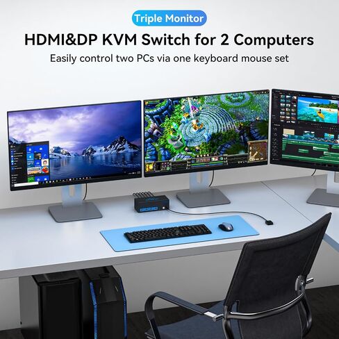 8K KVM Switch 3 Monitors 2 Computers HDMI Displayport 4K@120Hz | Triple Monitor KVM Switches for 2 PC Share 4 USB 3.0 Ports with Desktop Controller and DC 12V Adapter Included in Saudi Arabia
