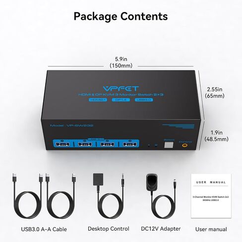 8K KVM Switch 3 Monitors 2 Computers HDMI Displayport 4K@120Hz | Triple Monitor KVM Switches for 2 PC Share 4 USB 3.0 Ports with Desktop Controller and DC 12V Adapter Included in Saudi Arabia