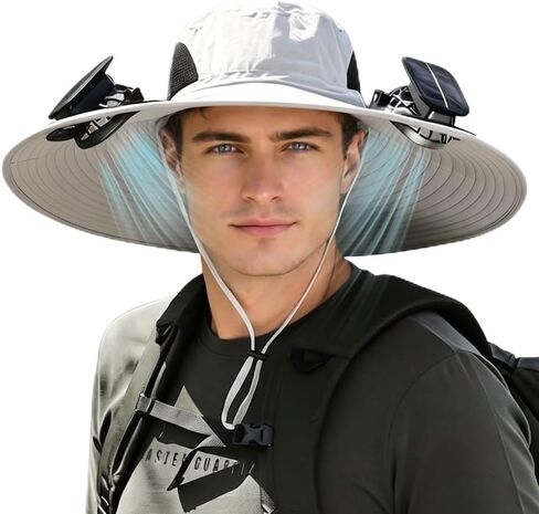 Men Sun Hat with 2 Solar Fan UPF 50+ Fishing Hats Wide Brim UV Protection Sun Hat, USB Charging in Kuwait