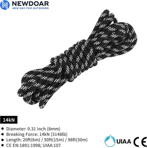 NewDoar Static Climbing Rope - 8mm (5/16c) / 10mm (3/8") Double Braid Accessory Cord for Rock,Hauling, Prusik, Survival - Pre-Cut 20FT, 50FT, 100FT, 165FT Lengths - Outdoor, Fire Rescue Equipment in Kuwait
