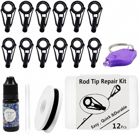 Fishing Rod Tip Repair Kit with UV Light & Glue | Complete Pole Tip Replacement Supplies for Broken Rods | 14 Sizes Top Eyelets, Wrapping Thread | Fishing Rod Repair Kit & Pole Repair Kit in Saudi Arabia