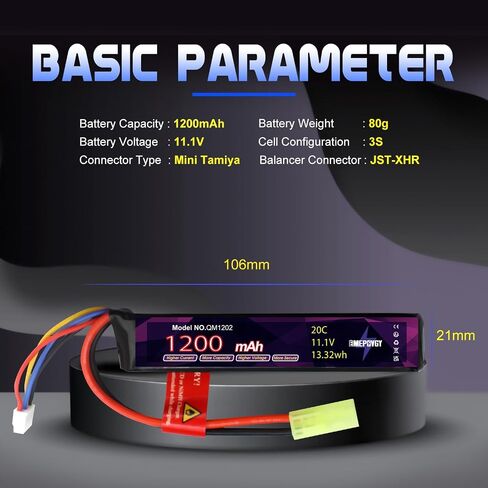 3S Lipo Airsoft Battery 11.1V 1200mAh 20C Rechargeable Lithium Polymer Battery Pack with Mini TMY Plug for Air Soft Guns Rifle - 2096(2 Packs) in Kuwait