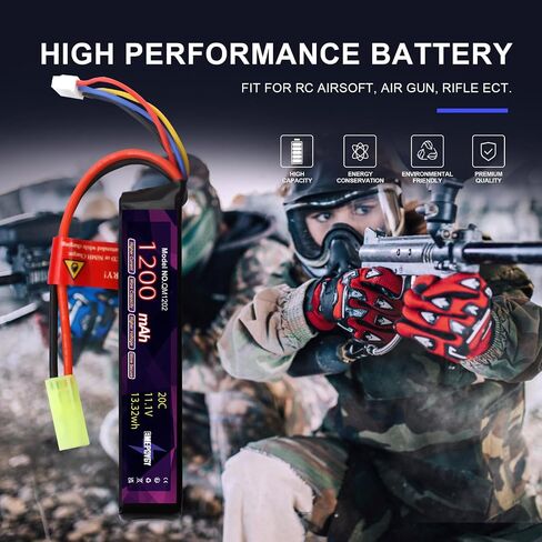 3S Lipo Airsoft Battery 11.1V 1200mAh 20C Rechargeable Lithium Polymer Battery Pack with Mini TMY Plug for Air Soft Guns Rifle - 2096(2 Packs) in Kuwait