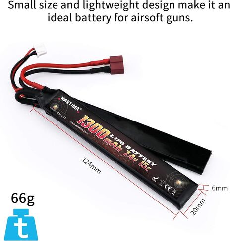 NASTIMA 7.4V 1300mAh Lipo Airsoft Battery with Deans-T Connector | 2S 15C Butterfly Battery Pack for Airsoft Guns AK47, MP5K, MP5, Scar, M249, AUG, AEG in Kuwait