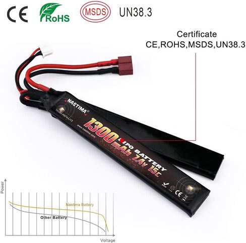 NASTIMA 7.4V 1300mAh Lipo Airsoft Battery with Deans-T Connector | 2S 15C Butterfly Battery Pack for Airsoft Guns AK47, MP5K, MP5, Scar, M249, AUG, AEG in Kuwait
