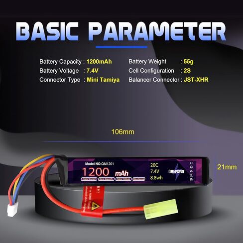2S Lipo Airsoft Battery 7.4V 1200mAh 20C Rechargeable Lithium Polymer Battery Pack with Mini TMY Plug for Airsoft Guns Rifle- 2096(2 Packs) in Kuwait