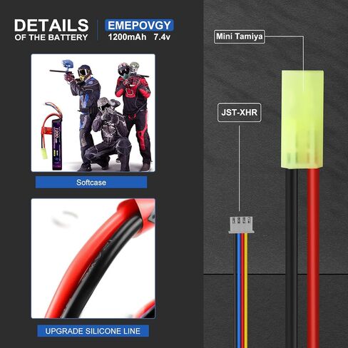 2S Lipo Airsoft Battery 7.4V 1200mAh 20C Rechargeable Lithium Polymer Battery Pack with Mini TMY Plug for Airsoft Guns Rifle- 2096(2 Packs) in Kuwait