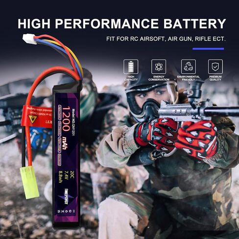 2S Lipo Airsoft Battery 7.4V 1200mAh 20C Rechargeable Lithium Polymer Battery Pack with Mini TMY Plug for Airsoft Guns Rifle- 2096(2 Packs) in Kuwait