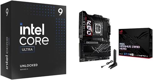 معالج سطح المكتب Intel Ultra 9 285K - 24 نواة (8P+16E) واللوحة الأم ASUS ROG Maximus Z890 Hero ATX، جاهزة للكمبيوتر الشخصي بتقنية الذكاء الاصطناعي المتقدمة، DDR5، WiFi 7، 3X M.2، حزمة AI OC/تبريد/شبكات in Kuwait