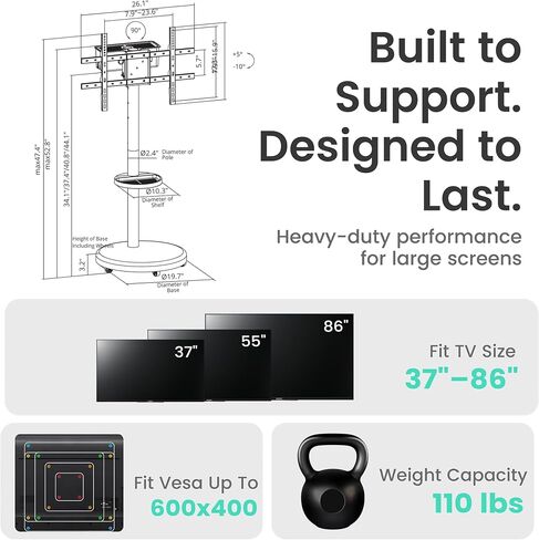 ynVISION.DESIGN Rolling TV Floor Stand Cart with Wheels for 37-86" Screens | Height adjustable shelf, built in cable management, 90 degree portrait and landscape rotation, 110 LB Limit, max VESA 600x400 in Saudi Arabia