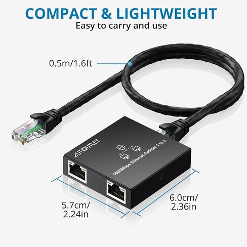 AUTOUTLET Ethernet Splitter 1 to 2, 1000Mbps RJ45 Gigabit Internet Splitter, Plug and Play, 1M USB Cable Powered Ethernet Switch 2 Port for Cat5/5e/6/7/8 Cable in Kuwait