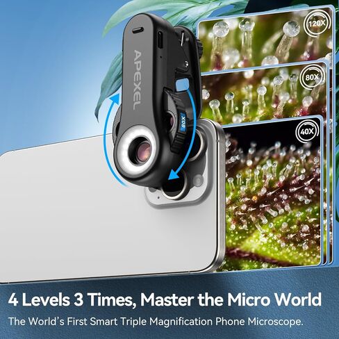 Evil Eye 40X-80X-120X Phone Microscope, Digital Microscope with CPL Filter, 16 LED, 8 UV LED, Wheel Design, Portable Microscope with Universal Clip, Ideal for iPhone 17/16/15/14/13, Samsung & Android in Kuwait