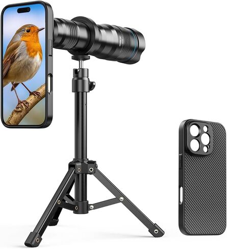 عدسة APEXEL 36x Telephoto متوافقة مع iPhone 16 Pro | التصوير الفوتوغرافي للسفر ومراقبة الطيور والاستكشاف | طقم مزود بحامل ثلاثي معدني قوي وحافظة هاتف ملولبة in Kuwait