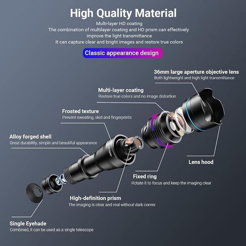 عدسة APEXEL 36X Telephoto لأجهزة iPhone وAndroid، ومجموعة عدسات كاميرا iPhone | طقم عدسات تركيز يدوي 36X ثابتة مع حامل ثلاثي القوائم وحامل هاتف ومنظار عين للطيور والرياضة ومشاهدة المناظر الطبيعية in Kuwait