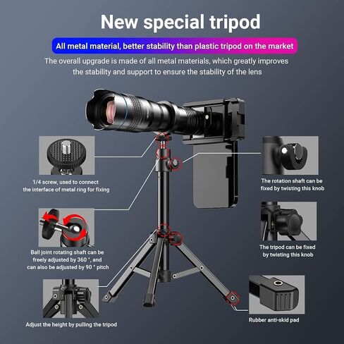 عدسة APEXEL 36X Telephoto لأجهزة iPhone وAndroid، ومجموعة عدسات كاميرا iPhone | طقم عدسات تركيز يدوي 36X ثابتة مع حامل ثلاثي القوائم وحامل هاتف ومنظار عين للطيور والرياضة ومشاهدة المناظر الطبيعية in Kuwait