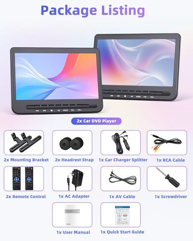 10.5" Car DVD Player Dual Screen 1080P HDMI Input, Rechargeable,2 Brackets | FELEMAN Dual Portable DVD Player for Car Play A Same or Two Different Movies, 5-Hour Rechargeable, Support USB, Region Free in Saudi Arabia
