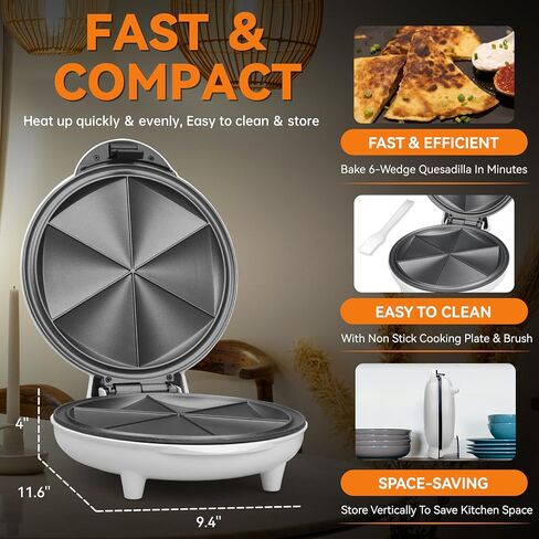 Baker's Friend Electric Quesadilla Maker with Extra Stuffing Design, 9.5 Inch with Easy Slice 6 Wedge, Non Stick Surface, Non-Slip Feet, Grilled Cheese Maker Machine, White in Saudi Arabia