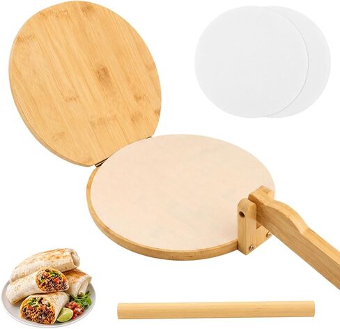 10 Inch Bamboo Round Tortilla Press Set, Mexican Tortilla Maker with 100 Parchment Papers and Rolling pin, Homemade Corn&Flour Flatbread Press for Mexican Tacos, Roti, Patacones in Saudi Arabia
