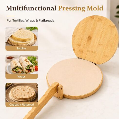 10 Inch Bamboo Round Tortilla Press Set, Mexican Tortilla Maker with 100 Parchment Papers and Rolling pin, Homemade Corn&Flour Flatbread Press for Mexican Tacos, Roti, Patacones in Saudi Arabia