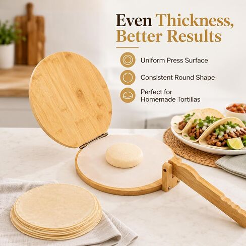 10 Inch Bamboo Round Tortilla Press Set, Mexican Tortilla Maker with 100 Parchment Papers and Rolling pin, Homemade Corn&Flour Flatbread Press for Mexican Tacos, Roti, Patacones in Saudi Arabia